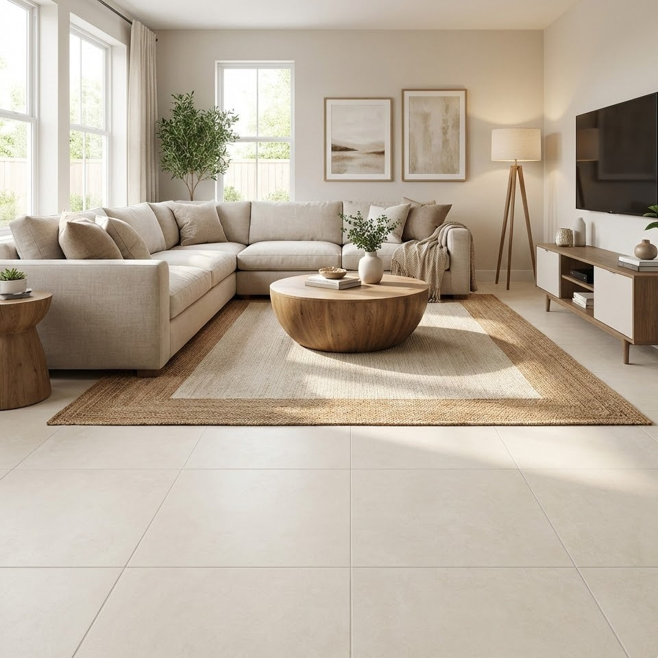 Sala moderna con piso cerámico tipo mármol color beige, ideal para espacios elegantes.