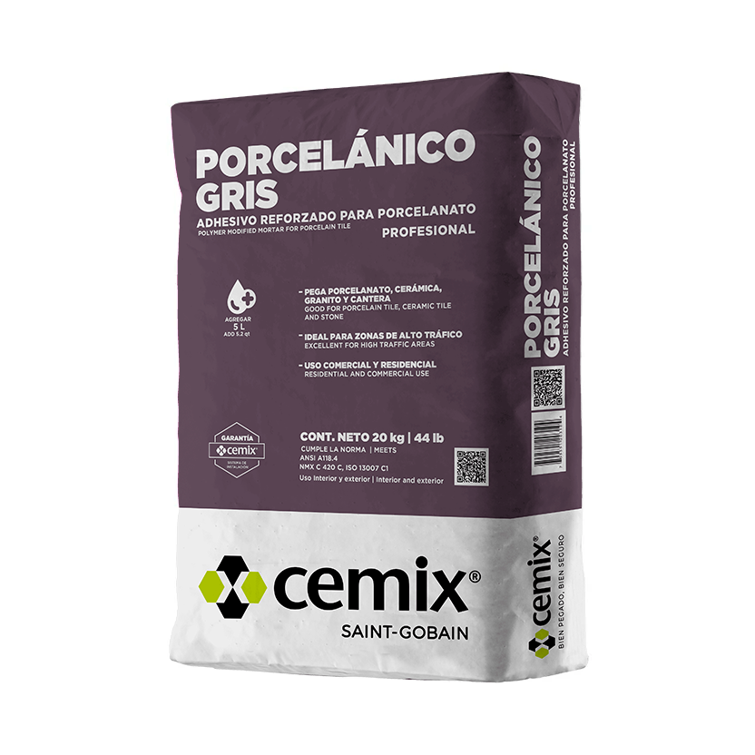 Saco de adhesivo porcelánico gris Cemix de 20 kg para azulejos y cerámica, uso profesional.