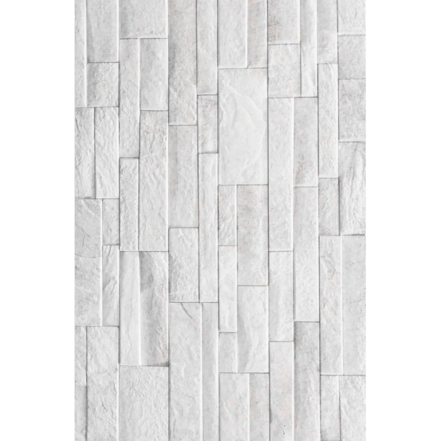 Azulejo decorativo blanco con textura tipo piedra para pared o revestimiento interior.