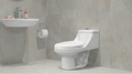 Sanitario y lavabo modernos en baño con revestimiento cerámico beige, papel higiénico visible.