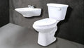Sanitario blanco moderno y lavabo suspendido para baño, fondo de pared oscura y piso claro.