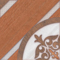 Azulejo decorativo con diseño geométrico y patrón floral en tonos madera y blanco