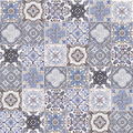 Azulejos decorativos 55x55 cm en tonos azul y blanco con patrones geométricos y florales.