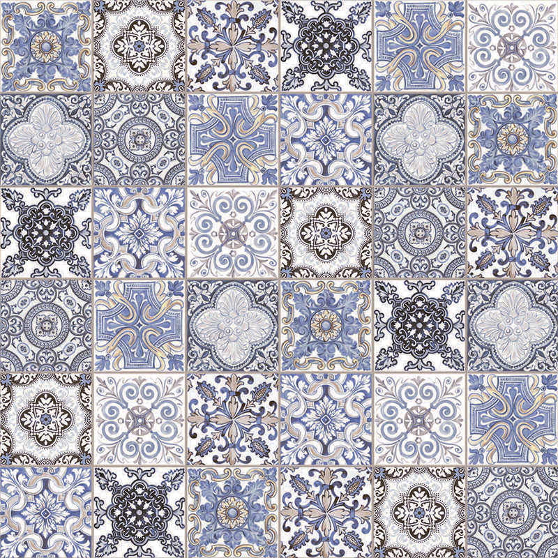 Azulejos decorativos 55x55 cm en tonos azul y blanco con patrones geométricos y florales.