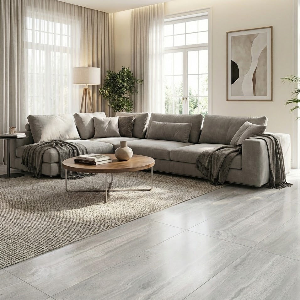 Sala moderna con piso cerámico gris, sofá seccional, mesa de centro y decoración minimalista