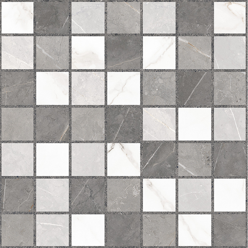 Piso cerámico gris y blanco con patrón de cuadros, acabado tipo mármol de 20x20 cm